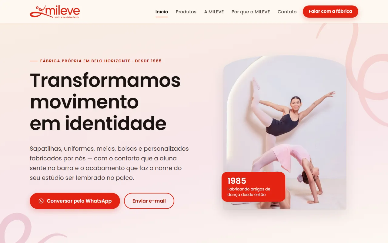 Página inicial do site da Mileve, com o título 'Transformamos movimento em identidade' e foto de bailarinas